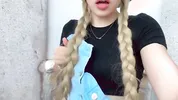 Cute blonde girl rubs her pink little clit and squirts in her stepdad's garden
