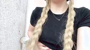 Cute blonde girl rubs her pink little clit and squirts in her stepdad's garden
