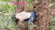 Blonde with big ass goes to harvest pine nuts and makes an outdoor blowjob with the right cumshot in the mouth