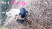 Blonde with big ass goes to harvest pine nuts and makes an outdoor blowjob with the right cumshot in the mouth