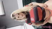 Busty blonde gives her tight pink ass but first uses a butt plug for training
