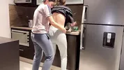 Wife fucked hard with tongue while washing dishes in the kitchen, getting her to cum before her step