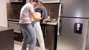 Wife fucked hard with tongue while washing dishes in the kitchen, getting her to cum before her step