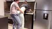 Wife fucked hard with tongue while washing dishes in the kitchen, getting her to cum before her step