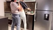Wife fucked hard with tongue while washing dishes in the kitchen, getting her to cum before her step