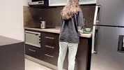Wife fucked hard with tongue while washing dishes in the kitchen, getting her to cum before her step