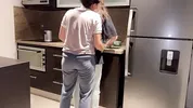 Wife fucked hard with tongue while washing dishes in the kitchen, getting her to cum before her step