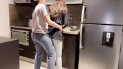 Wife fucked hard with tongue while washing dishes in the kitchen, getting her to cum before her step