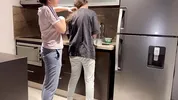 Wife fucked hard with tongue while washing dishes in the kitchen, getting her to cum before her step
