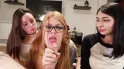 The stepmother teaches her stepdaughter how to give the best blowjob