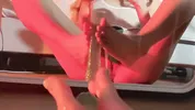 Crystal silicone cock inserted into semi transparent high fork swimsuit