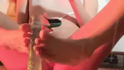 Crystal silicone cock inserted into semi transparent high fork swimsuit