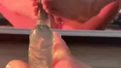 Crystal silicone cock inserted into semi transparent high fork swimsuit