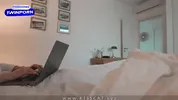 Step mom helps to cum step son in share bed with hand job and shaved pussy, but can't...