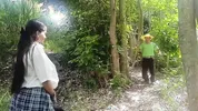 Two busty and big-assed women and an old man have a threesome in the jungle