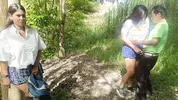 Two busty and big-assed women and an old man have a threesome in the jungle