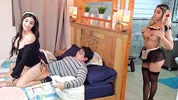 Cheating boyfriend! While his girlfriend is in bed, he's having sex with the cleaning lady! BOTH CREAMPIED!