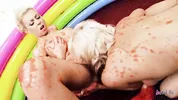 Jello wrestling and passionate fingering with two busty playful blondes