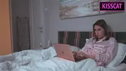 Step son distract step mom from work, so she helps cum with hand job in share bed, but get fuck