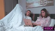 Step son distract step mom from work, so she helps cum with hand job in share bed, but get fuck