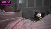 Step son distract step mom from work, so she helps cum with hand job in share bed, but get fuck