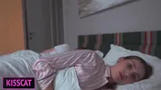 Step son distract step mom from work, so she helps cum with hand job in share bed, but get fuck