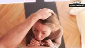 Fit beauty in a tight suit has intense sex with a fitness trainer