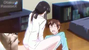 Big titted aunt gives blowjob to hentai virgin and he spits cum on her face!!