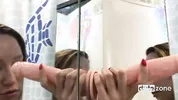 Short, tiny amateur masturbates at home with a fake dick and stream of water