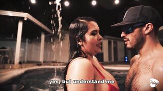 Husband gives his busty Latina a pool and she cheats on him by sucking the instructor's cock