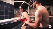 Husband gives his busty Latina a pool and she cheats on him by sucking the instructor's cock