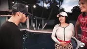Husband gives his busty Latina a pool and she cheats on him by sucking the instructor's cock