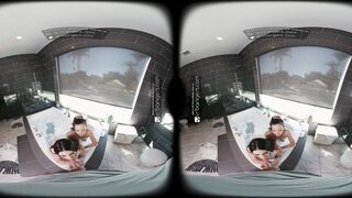 VR Bangers: Young Neighbors Threesome Sex with Virgin Student FFM Blowjob in a Bubble Bath | VR Porn