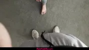 Gym babe gets a massive cum shower after sucking& riding his rock hard cock!