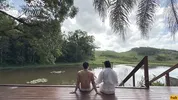 Young couple has sex in the morning on a farm for the first time
