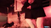 Outside the stables the brunette milf gets her fake boobs fondled while in doggy style