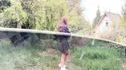 A modest village girl shows her tits and opens her ass to an impudent guy
