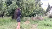 A modest village girl shows her tits and opens her ass to an impudent guy