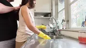 I was doing the dishes but my horny husband didn't let me finish and fucked me from behind in the kitchen