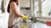 I was doing the dishes but my horny husband didn't let me finish and fucked me from behind in the kitchen