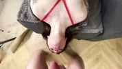 Tied up brunette took a big cock in her mouth