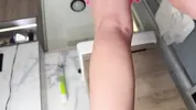 Big tits big ass hot sexy beauty in the bathroom with the short pink skirt shows her braless boobs and long legs