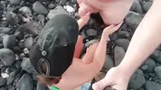 public blowjob on the beach with cum on tits