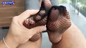 Redhead Footjobs After Foot Massage, Fucks And Gets Cum On Feet In Fishnet Stockings POV