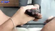 Redhead Footjobs After Foot Massage, Fucks And Gets Cum On Feet In Fishnet Stockings POV