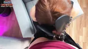 Redhead in tight nylon body and shiny pantyhose gets good cum on her feet