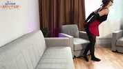 Redhead in tight nylon body and shiny pantyhose gets good cum on her feet
