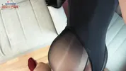 Redhead in tight nylon body and shiny pantyhose gets good cum on her feet