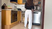 Roommate fucks me hard in the kitchen and creampies my tight pussy