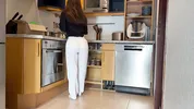 Roommate fucks me hard in the kitchen and creampies my tight pussy